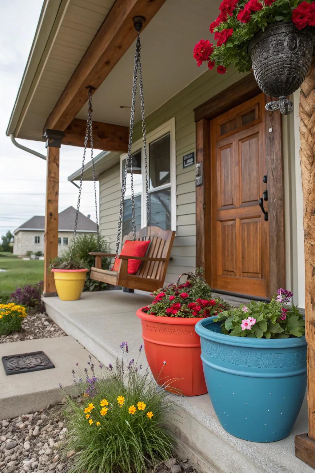 Audacious multihued vases and flora infuse a vibrant nuance upon this front porch.