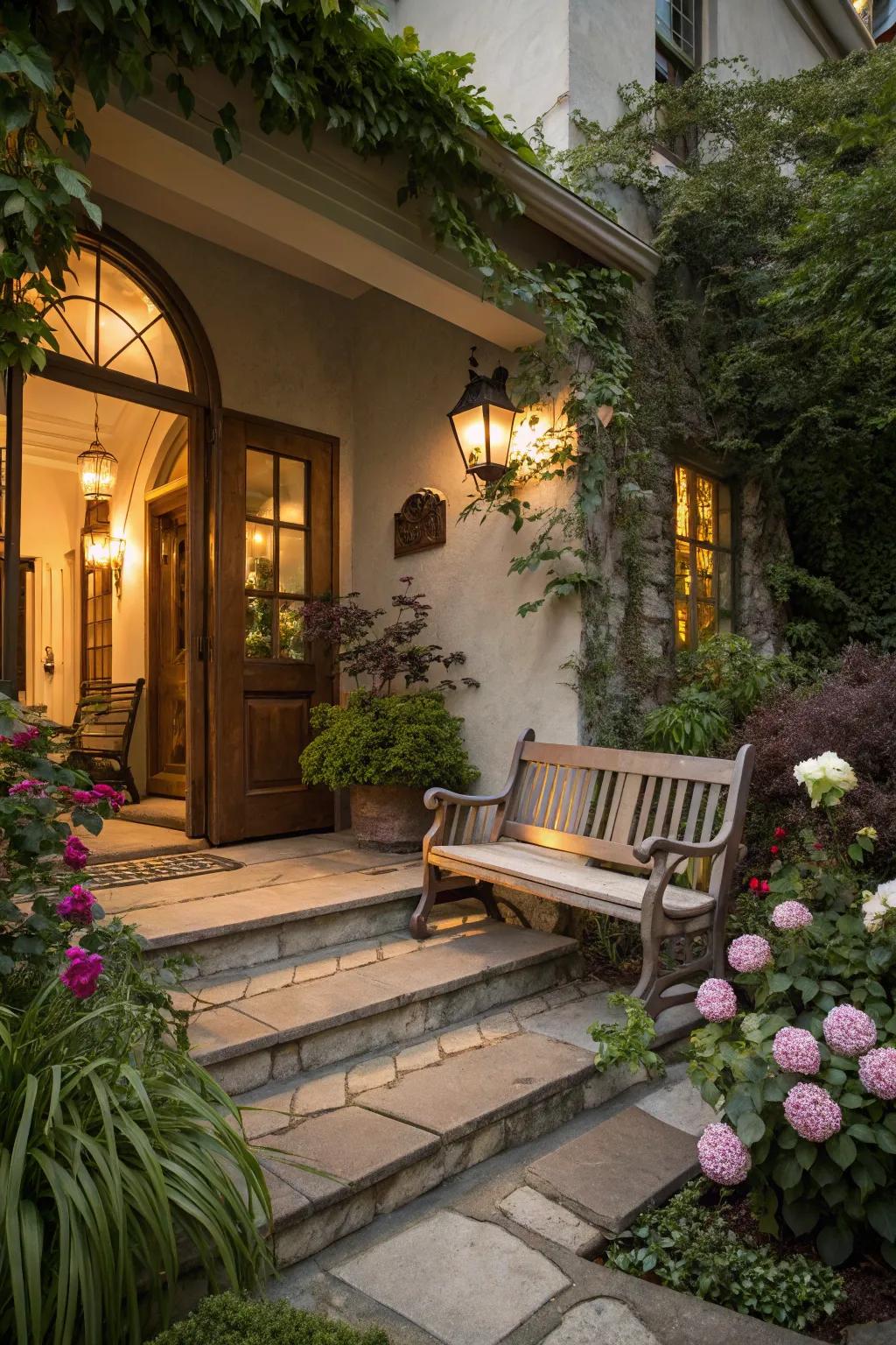 A bench by your steps invites relaxation and comfort.