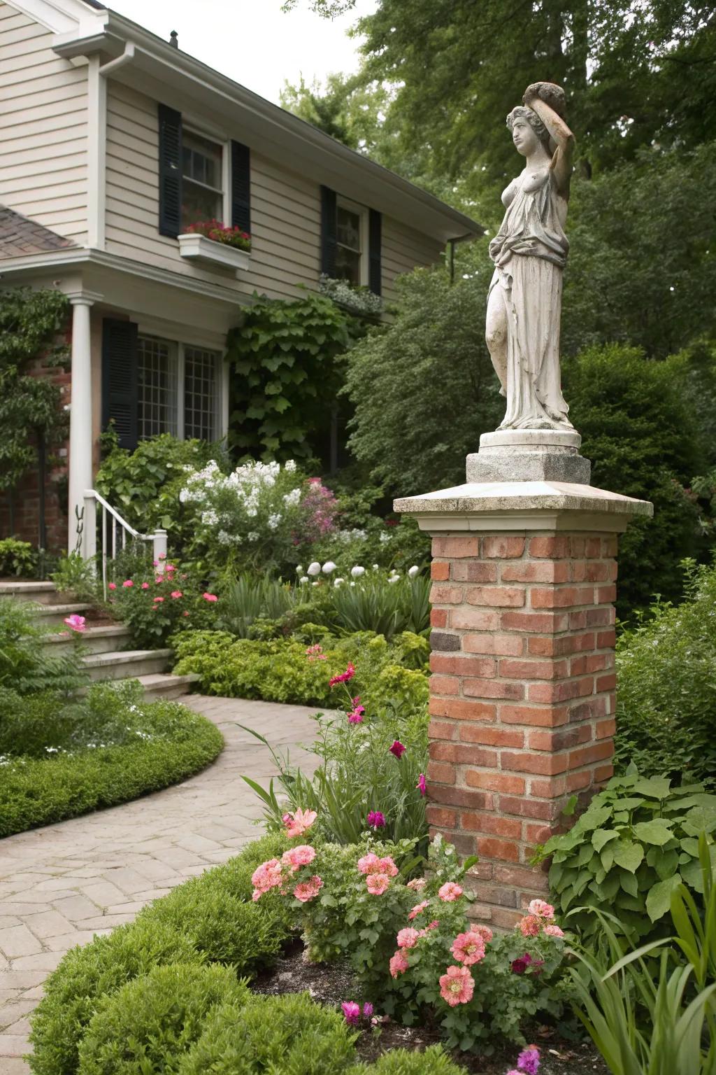 A stone stage highlights garden features beautifully.