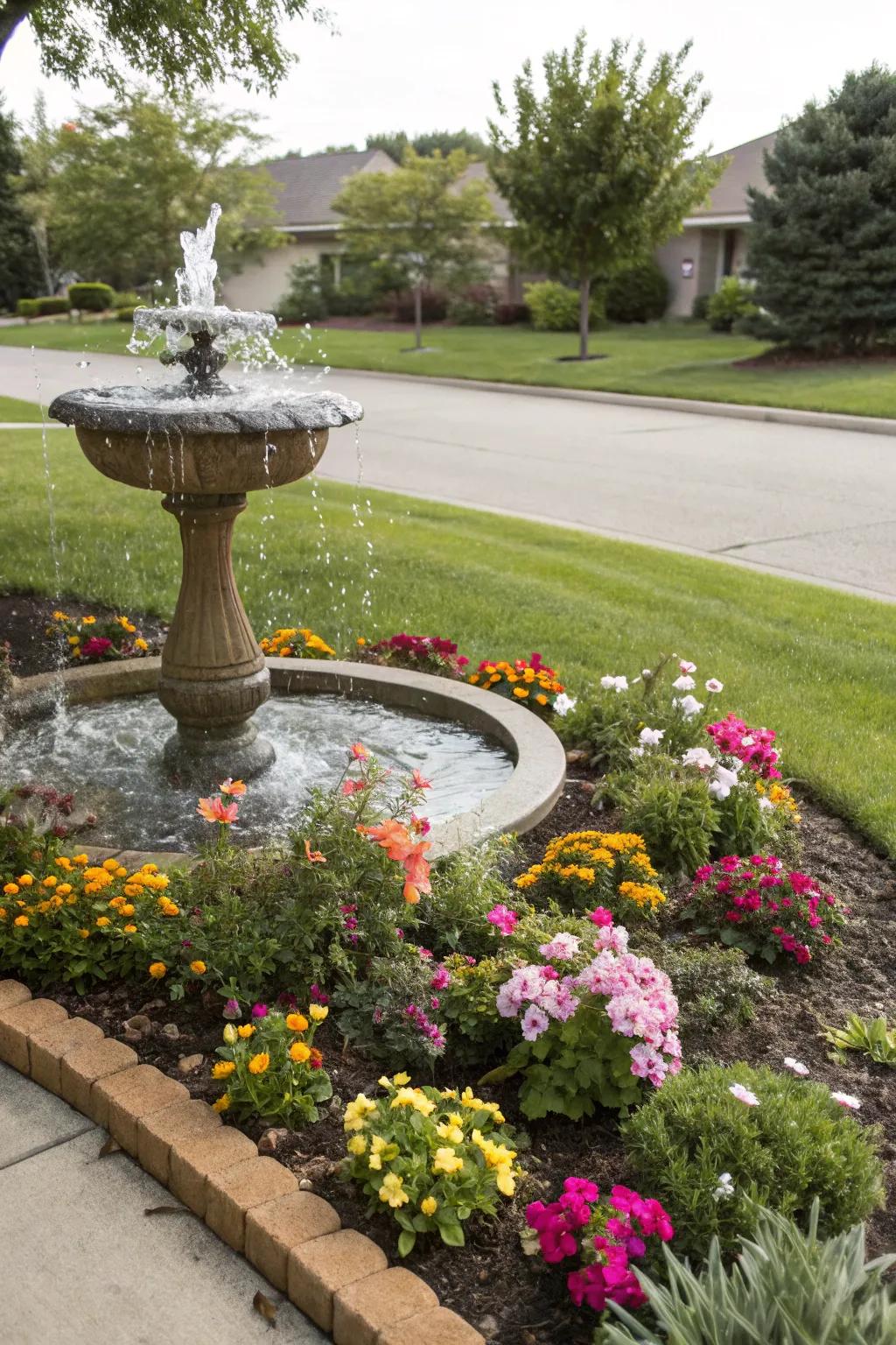 Infuse tranquility with a water feature in your flower beds, crafting a soothing oasis.