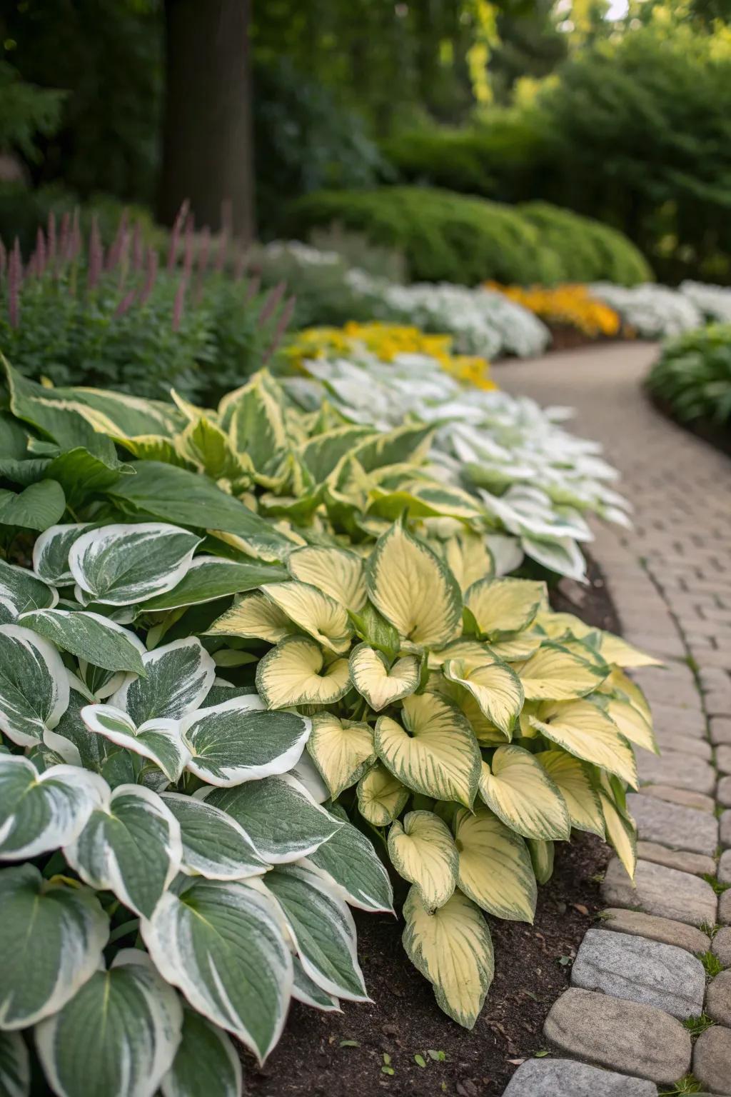 Mosaic planting with leafy glories forms a living artwork.