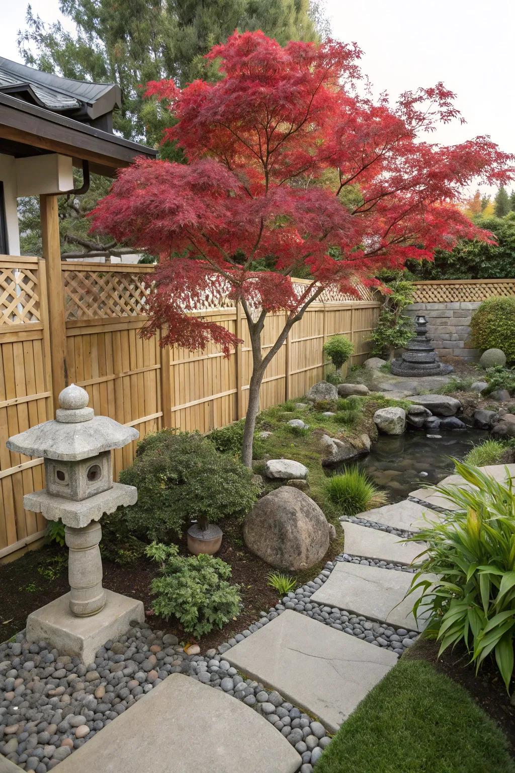 A Japanese-inspired garden featuring a Japanese maple creates a peaceful and harmonious space.