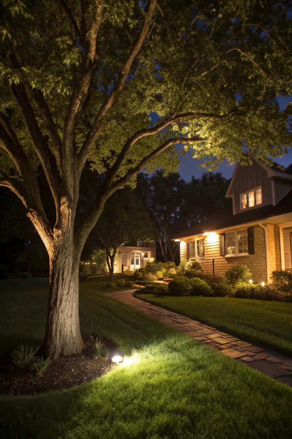 Landscape lighting accentuates the tree and enriches ambiance in your yard.