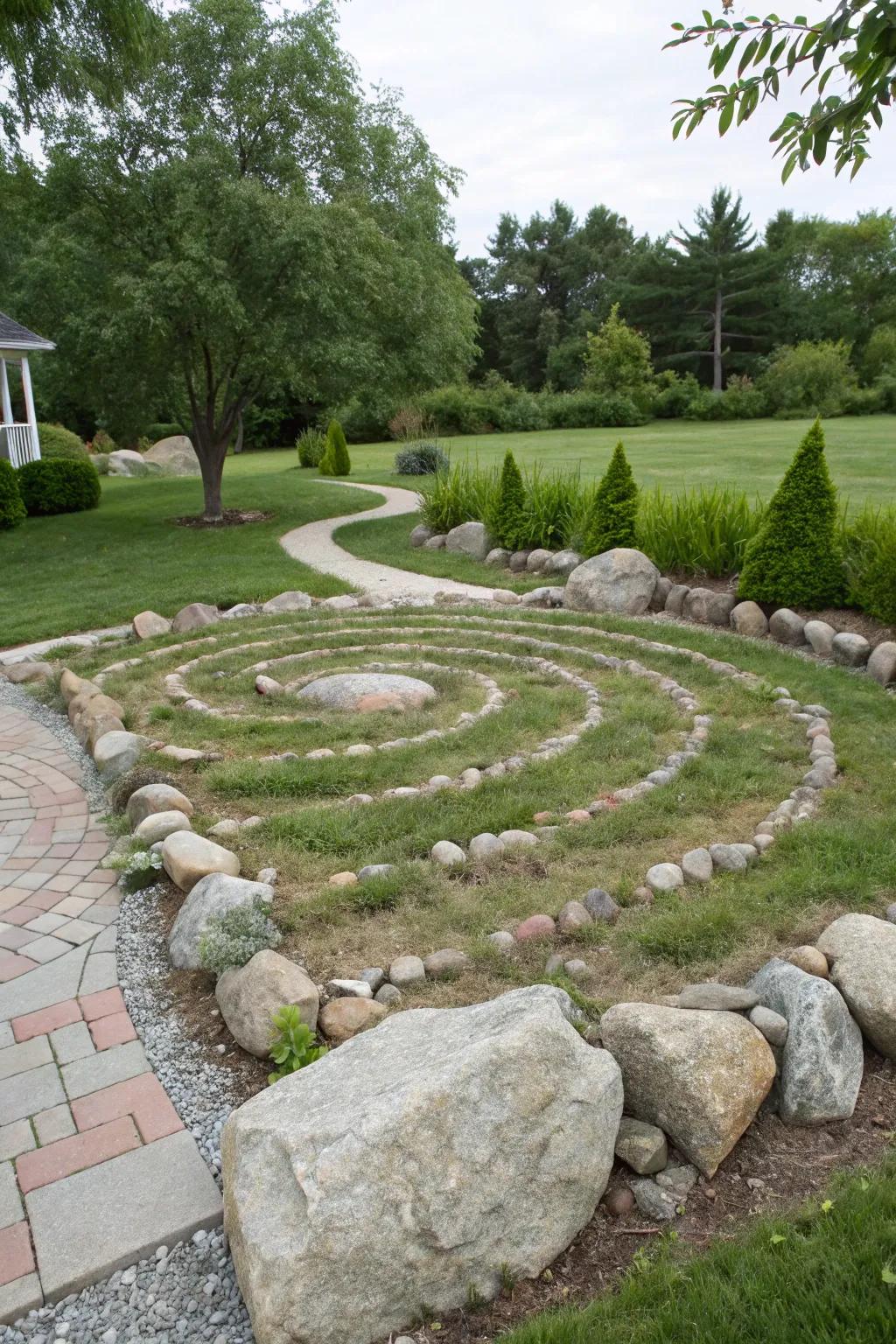 A rock maze providing a whimsical and meditative piece in a garden.