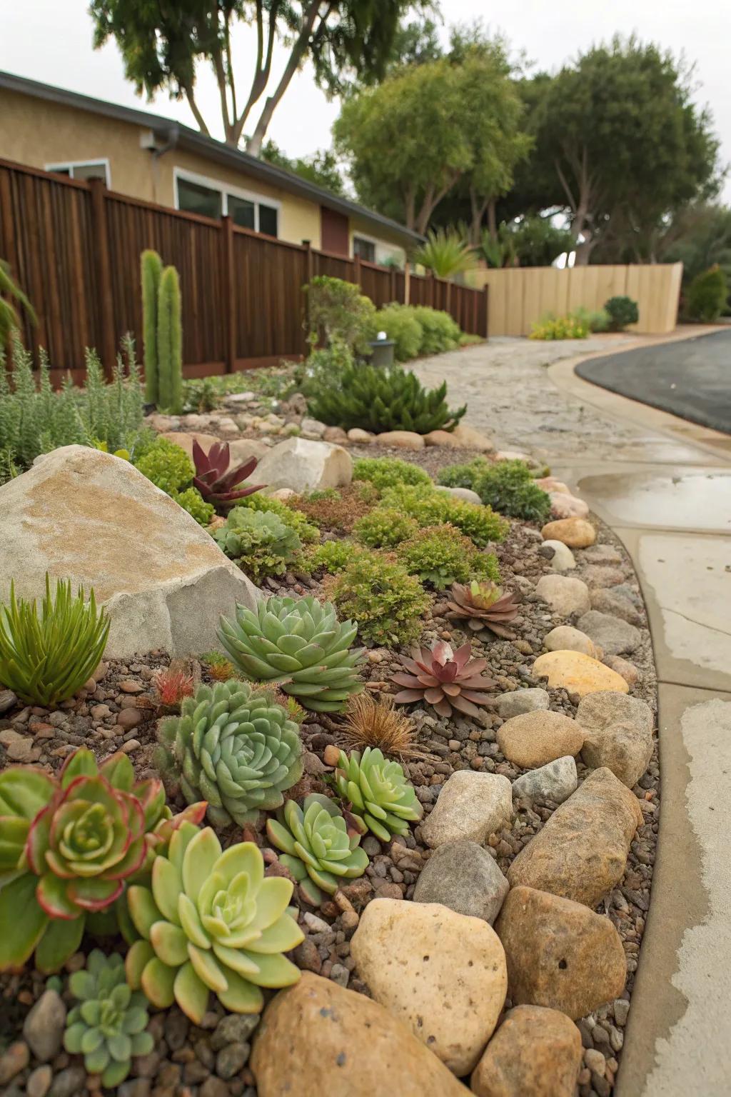 A stone garden adds texture and a distinctive visual aspect.