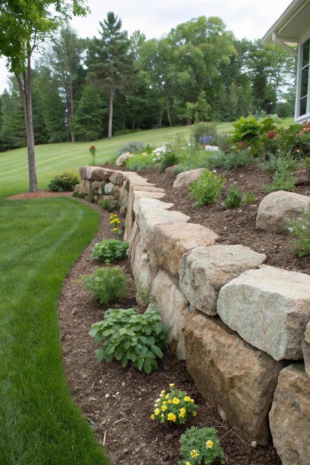 Boulders stack up to create a stunning natural retaining wall.