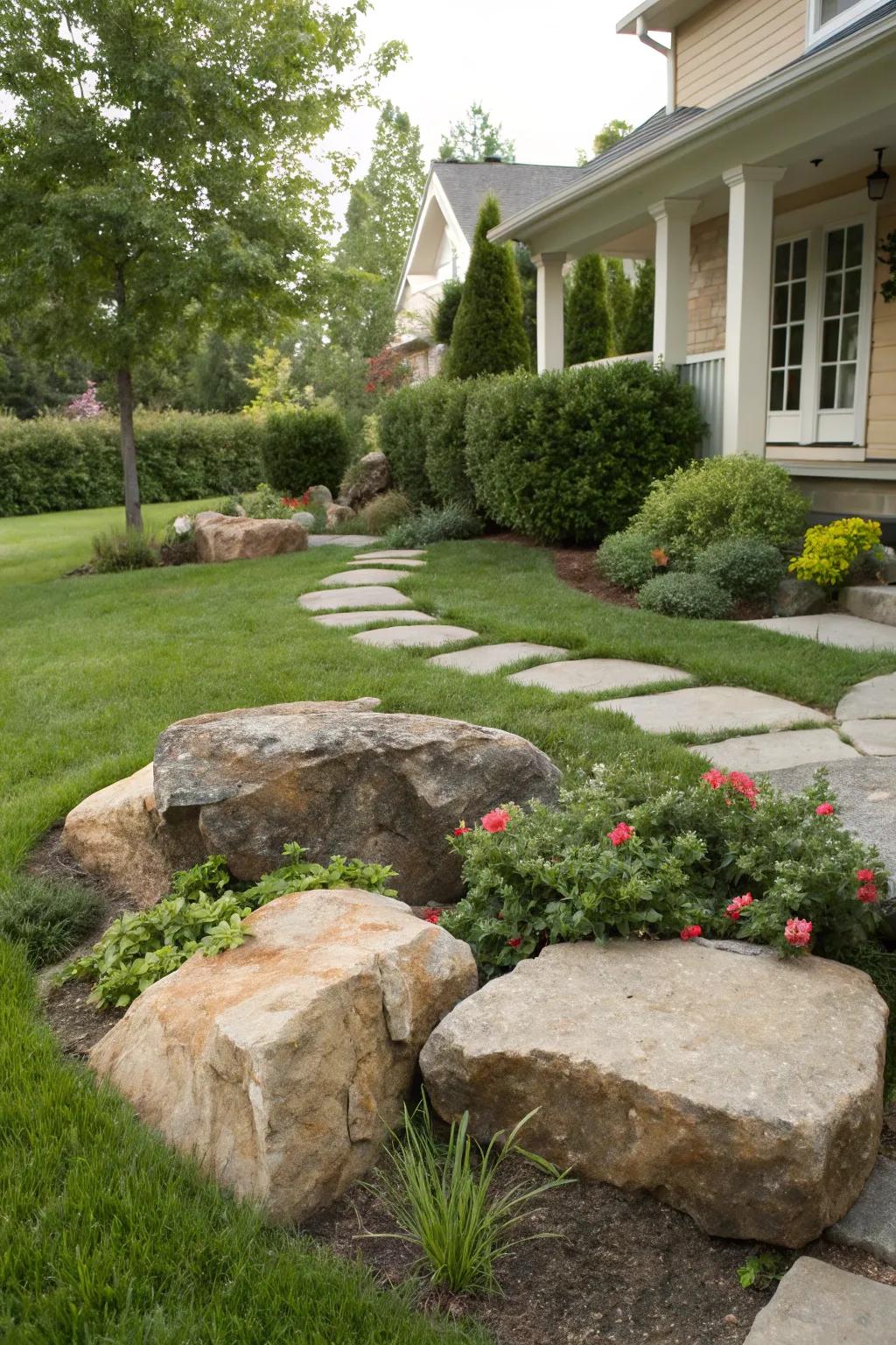 Create natural seating areas with strategically placed large rocks.