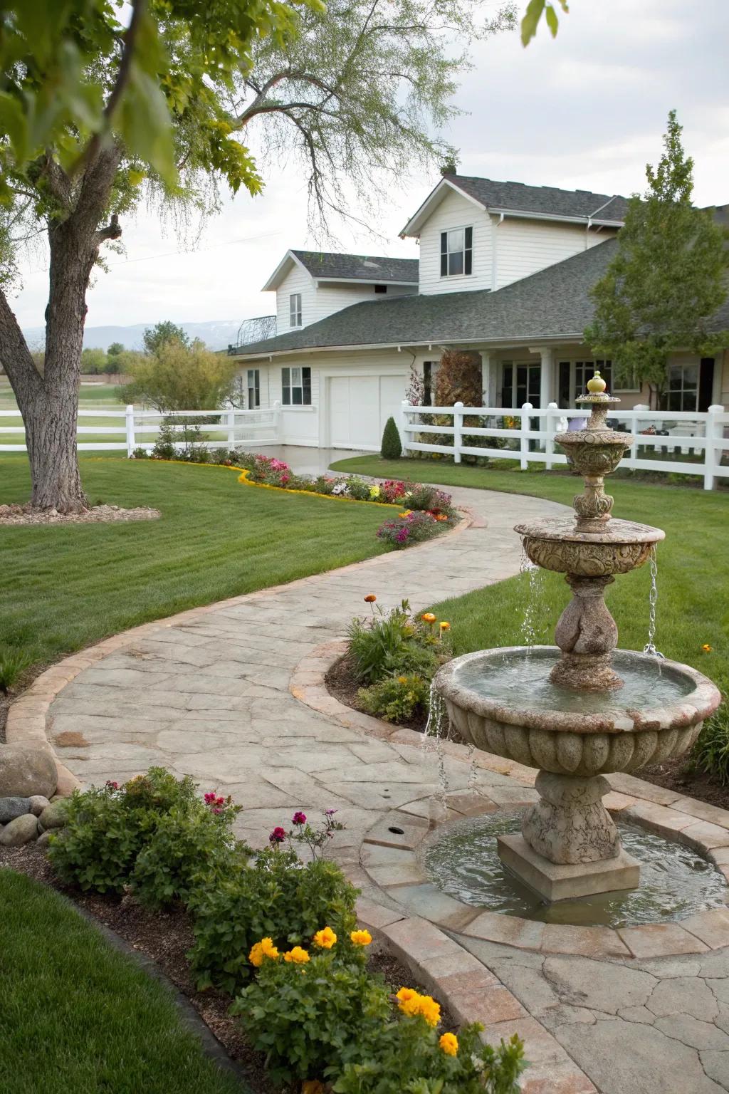 A water feature acts as the focal point in the front yard
