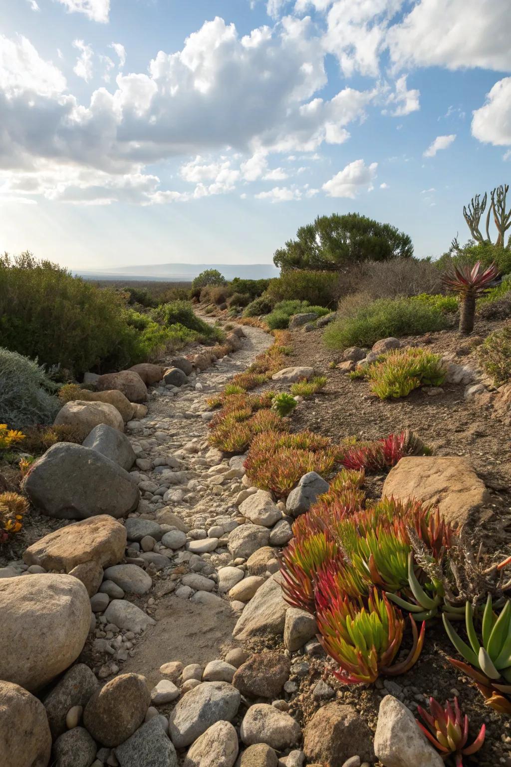 Simulated streambeds enhance the motion in water-conserving landscapes.