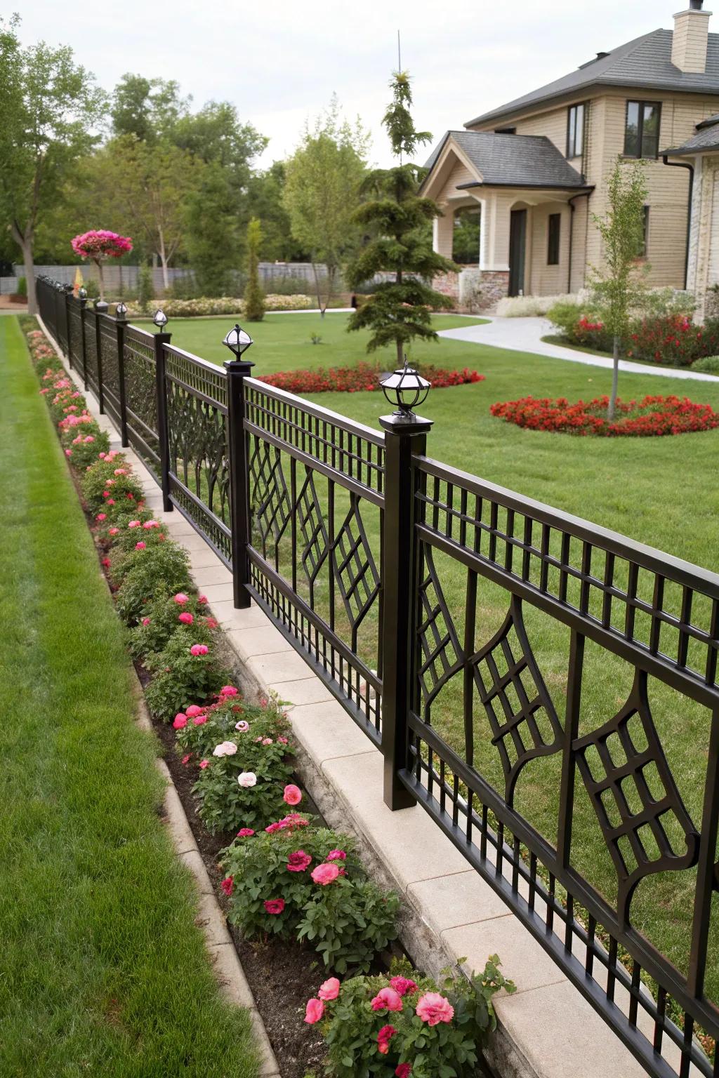 A forged metal barrier with symmetrical patterns adding a modern touch.