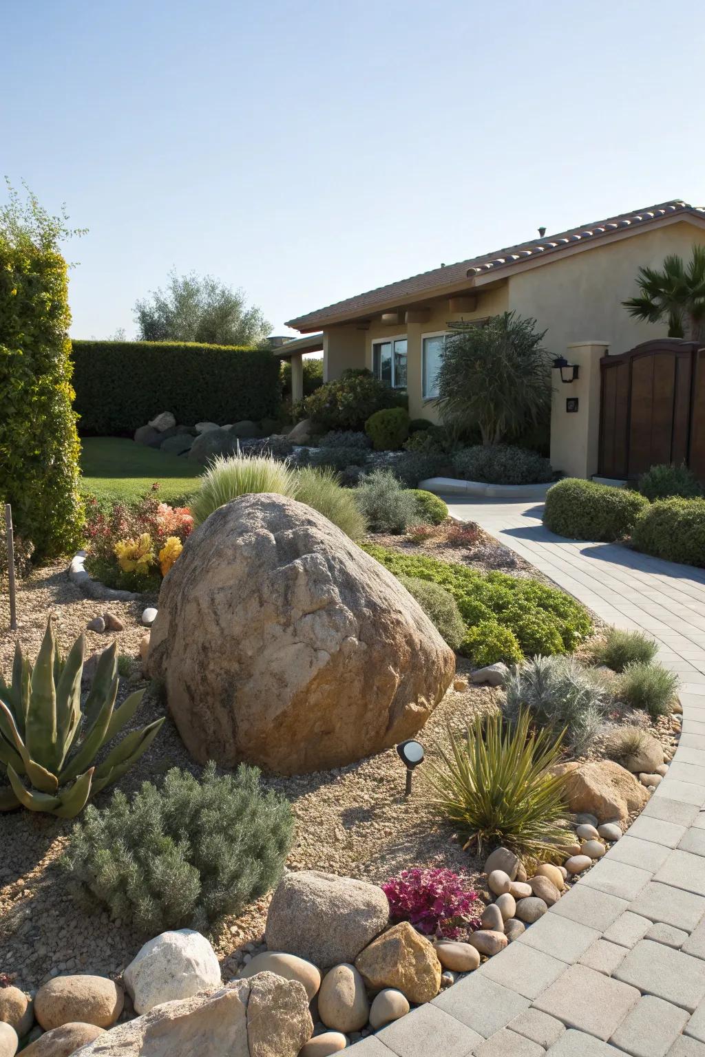 An impressive focal point anchoring the xeriscape layout.