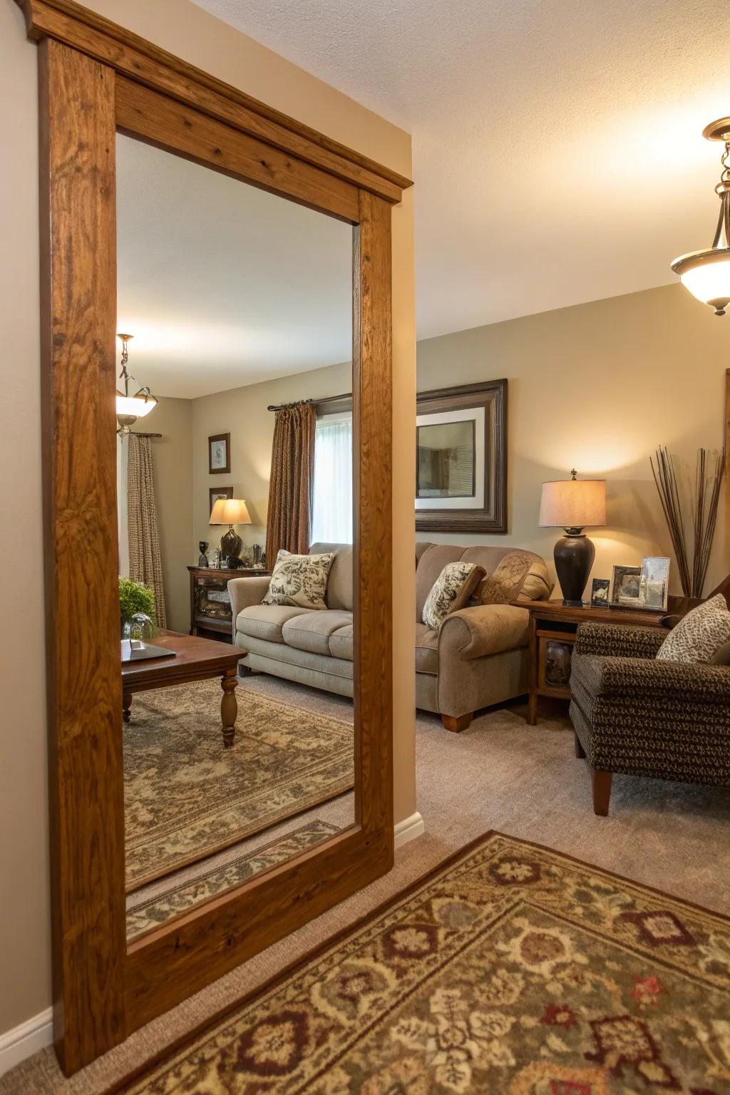 Wood-framed mirrors add a warm and inviting touch.