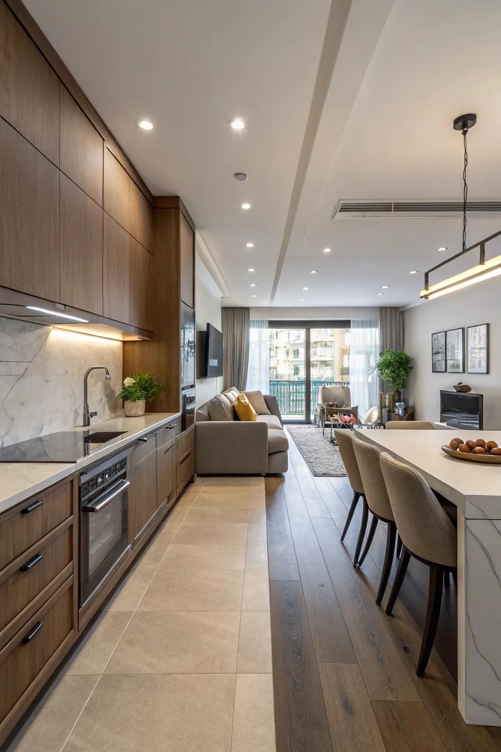 A peninsula brings style and usefulness to both spaces.