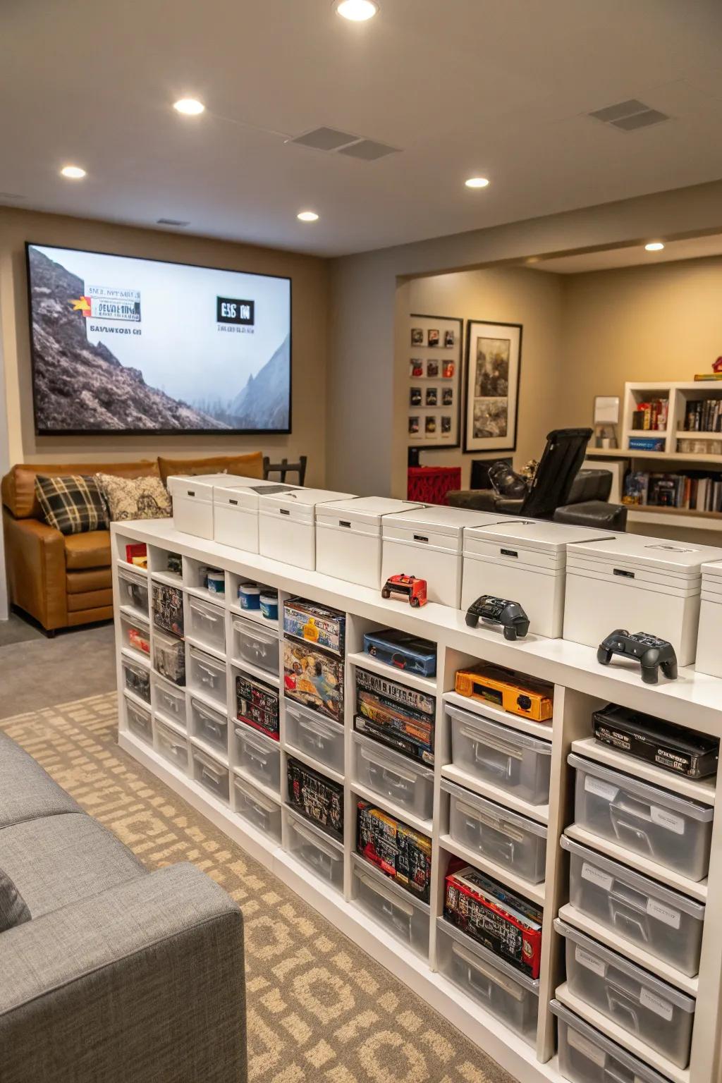 Keep your game room tidy with smart storage solutions.