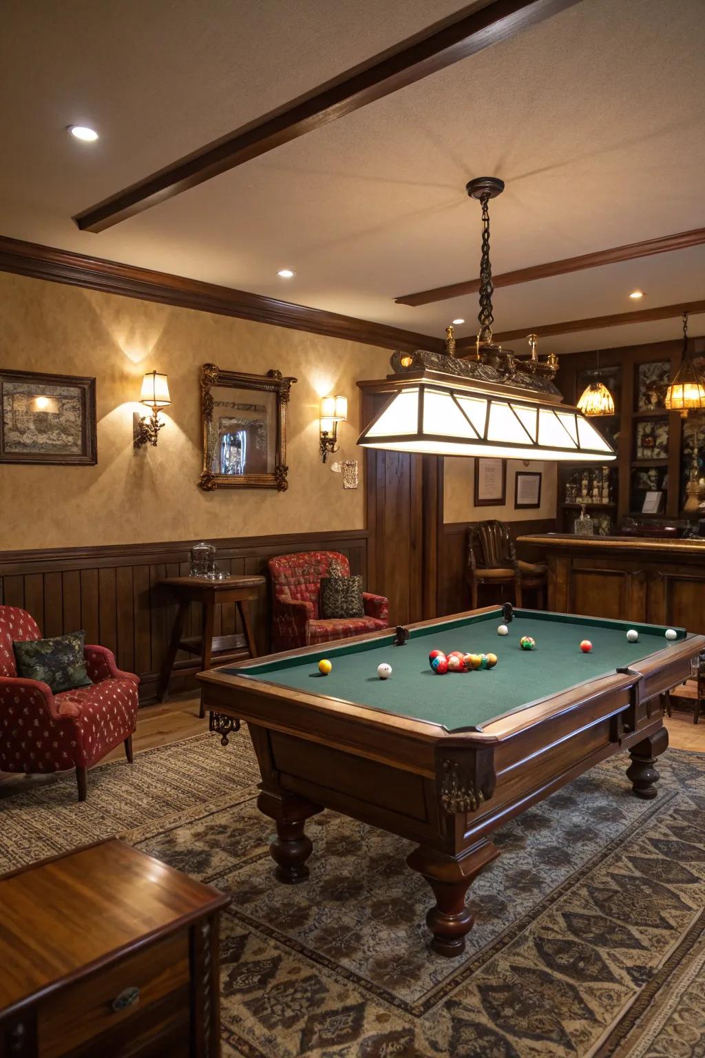 A pool table serves as a classic centerpiece for your game room.