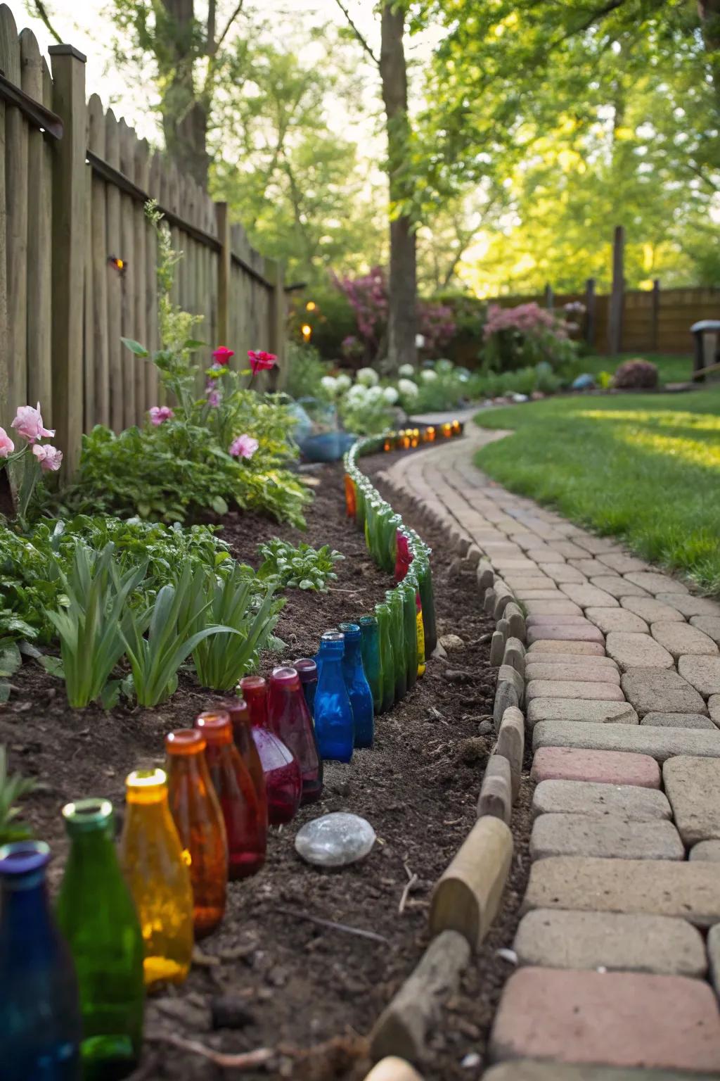 Glass bottle borders bring a playful, unique element to gardens.