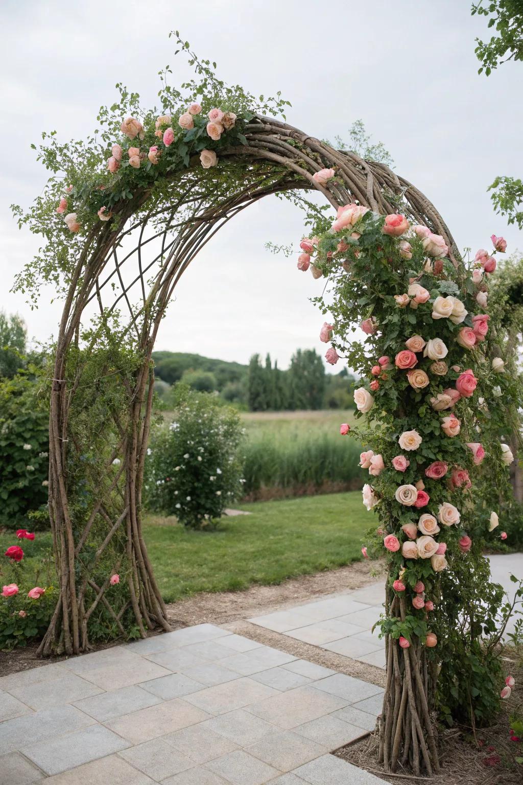 Elevate your garden with a touch of natural elegance: a handcrafted willow arch adorned with fragrant roses.