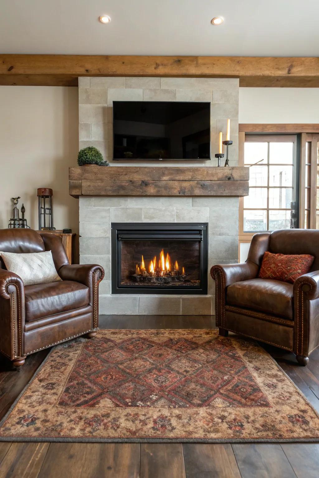 Transform your space into a cozy retreat with craftsmanship-inspired seating around a modern gas fireplace.