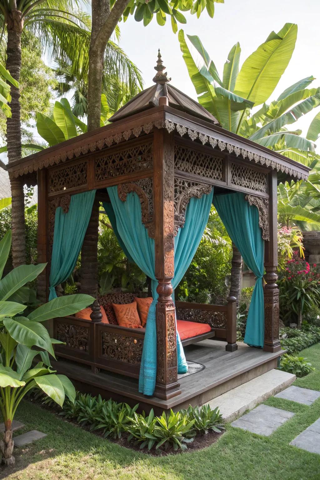 Escape to paradise with a handcrafted tropical gazebo oasis.