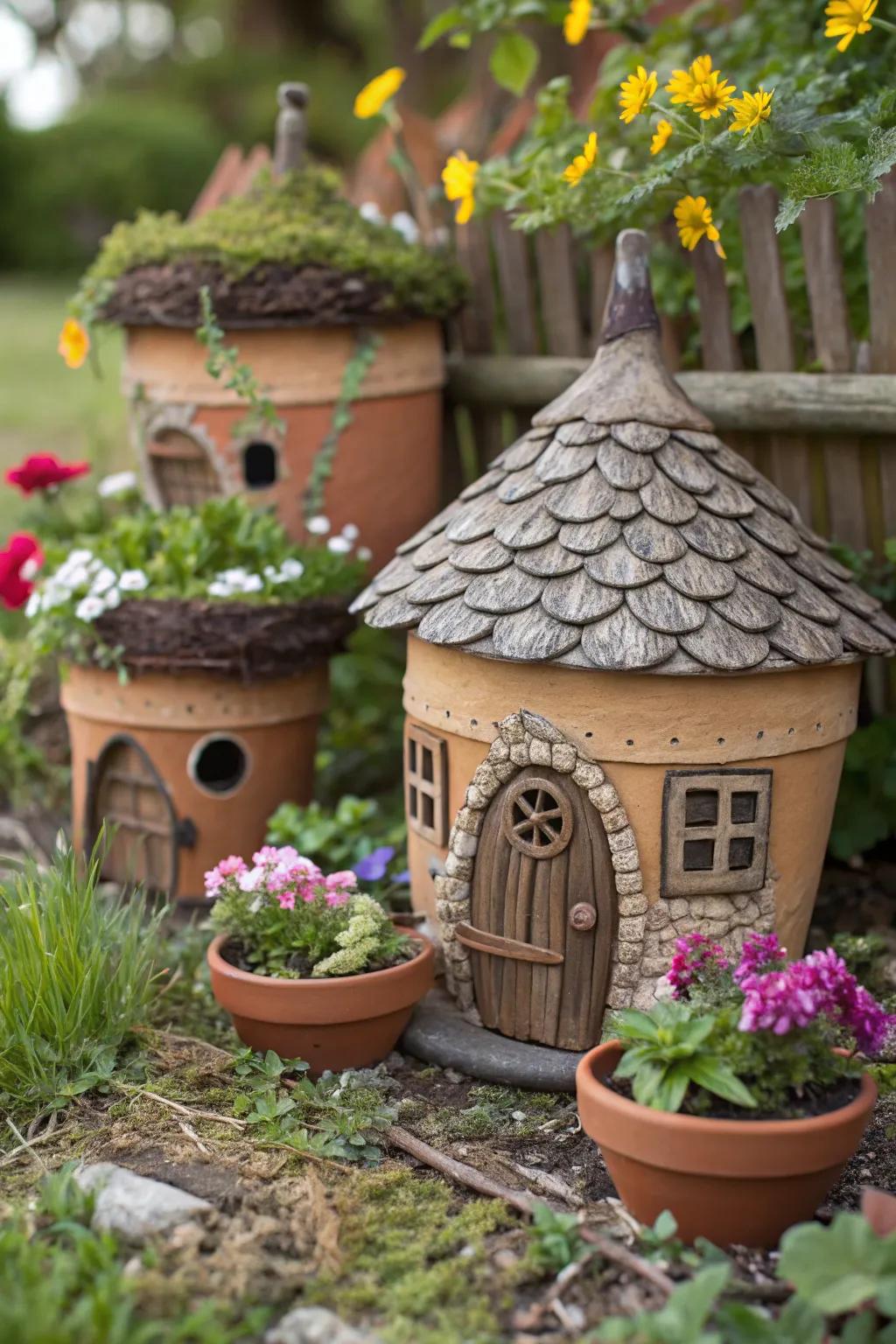 Enchanted flora holders transformed into charming gnome abodes.