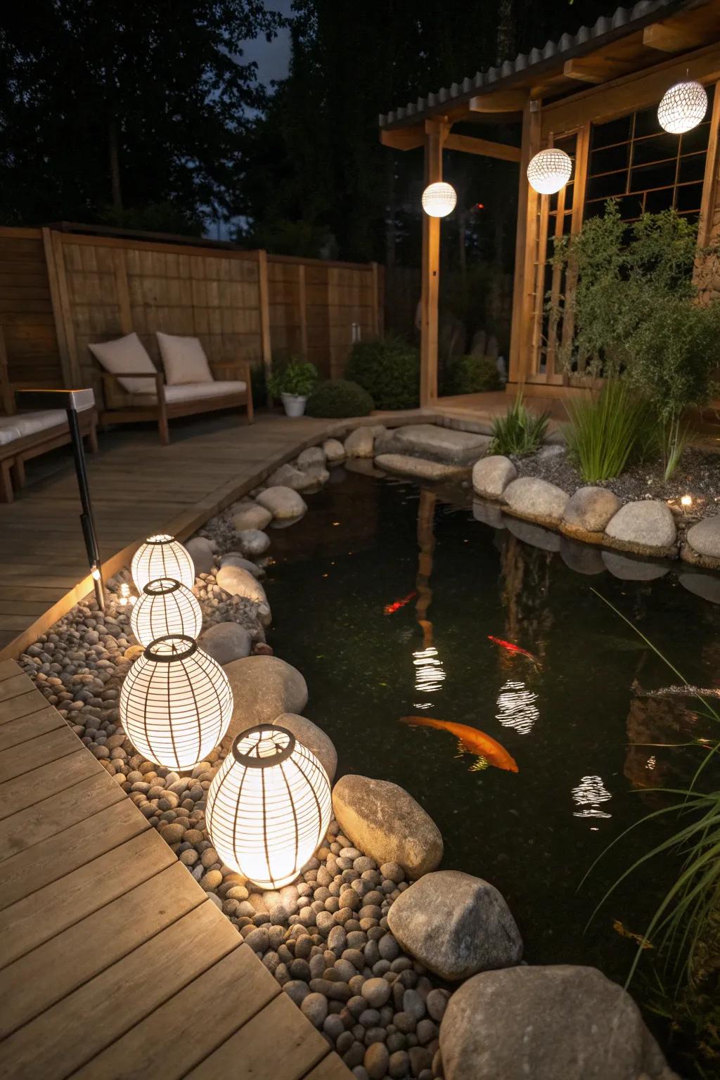 Create a serene nighttime escape with solar-powered lights dancing on your goldfish pond.