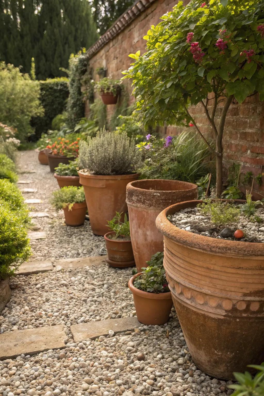 Terracotta pots lend a rustic charm to the gravel garden.