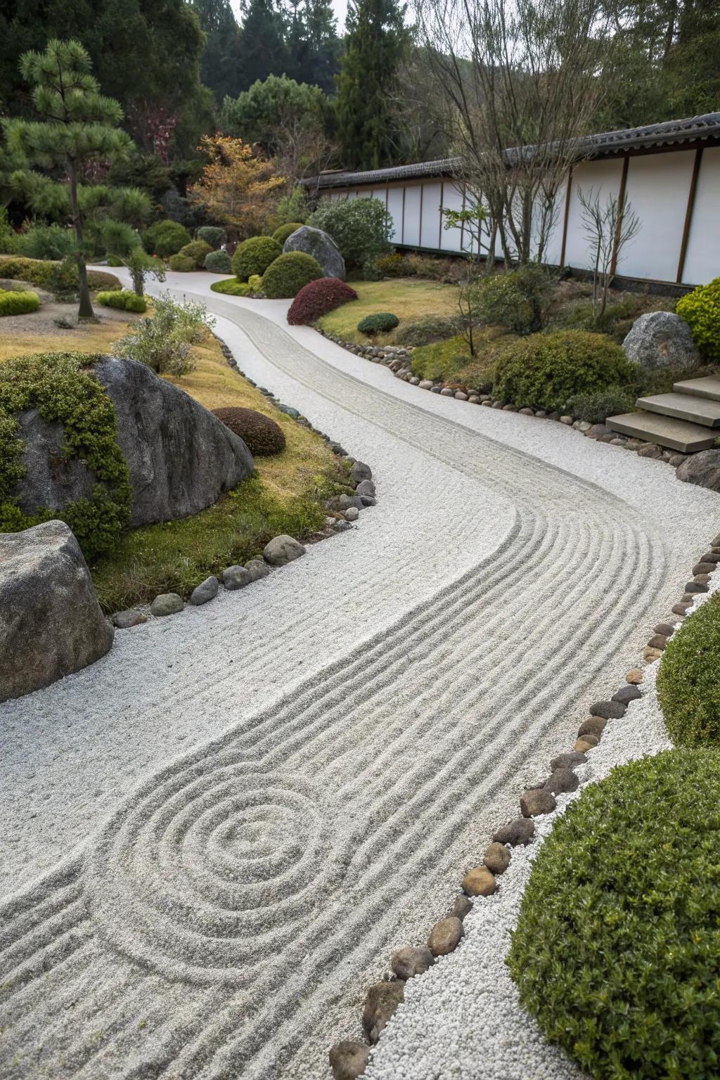 Zen garden components fashion a peaceful ambiance.