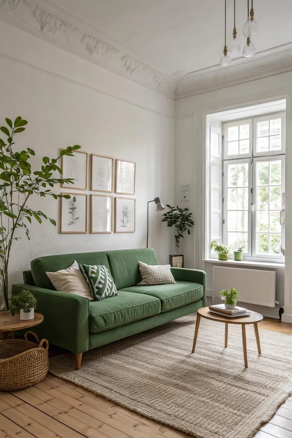 Nordic subtlety enhances the tranquility of a living room with a green couch.