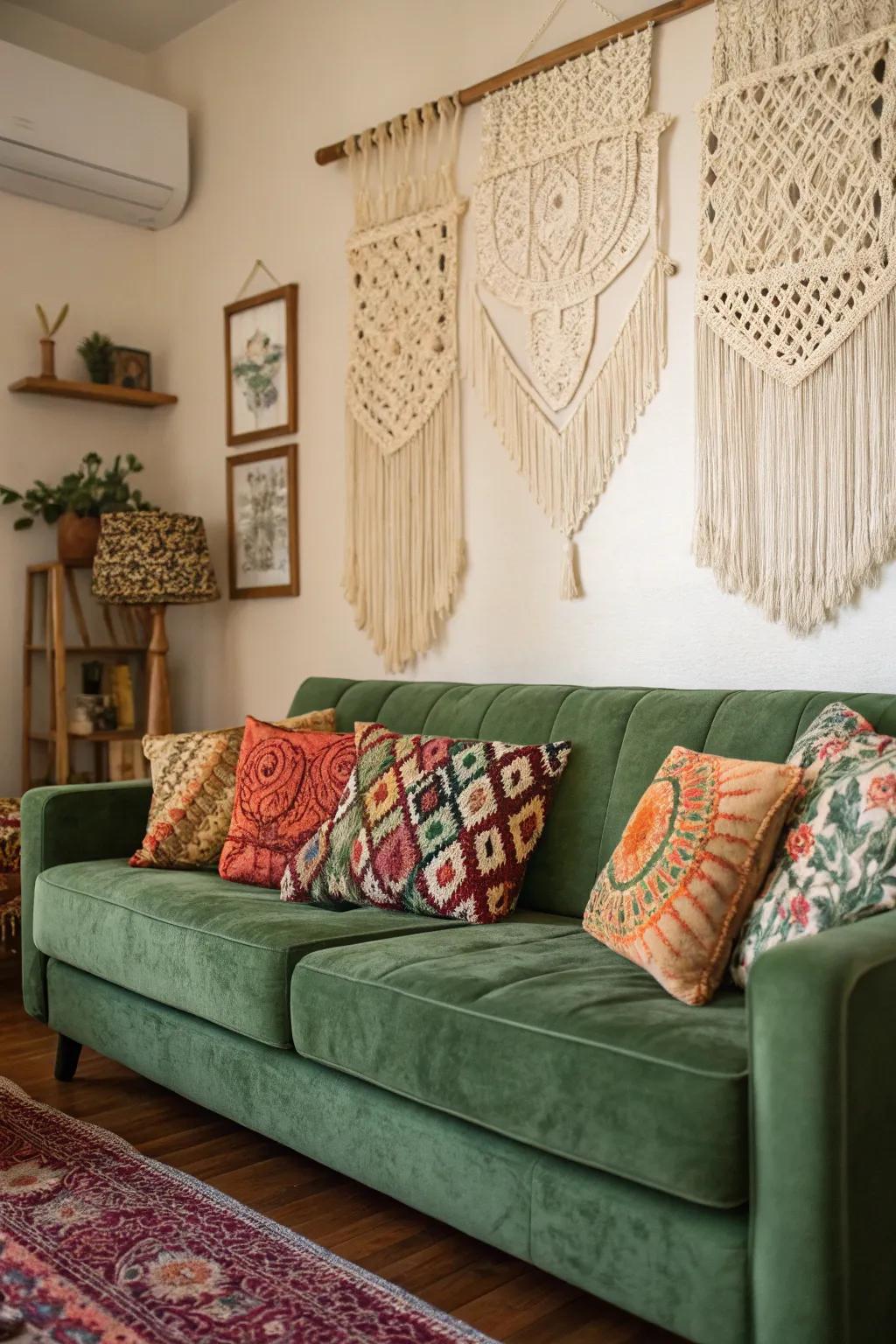 A bohemian living space exhibiting an emerald plush sofa and diverse decor.