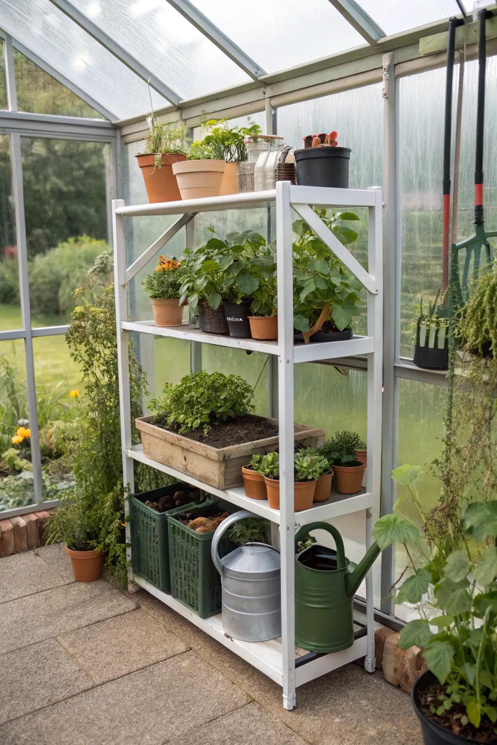 Space-conserving nook shelves maximize storage in any greenhouse.