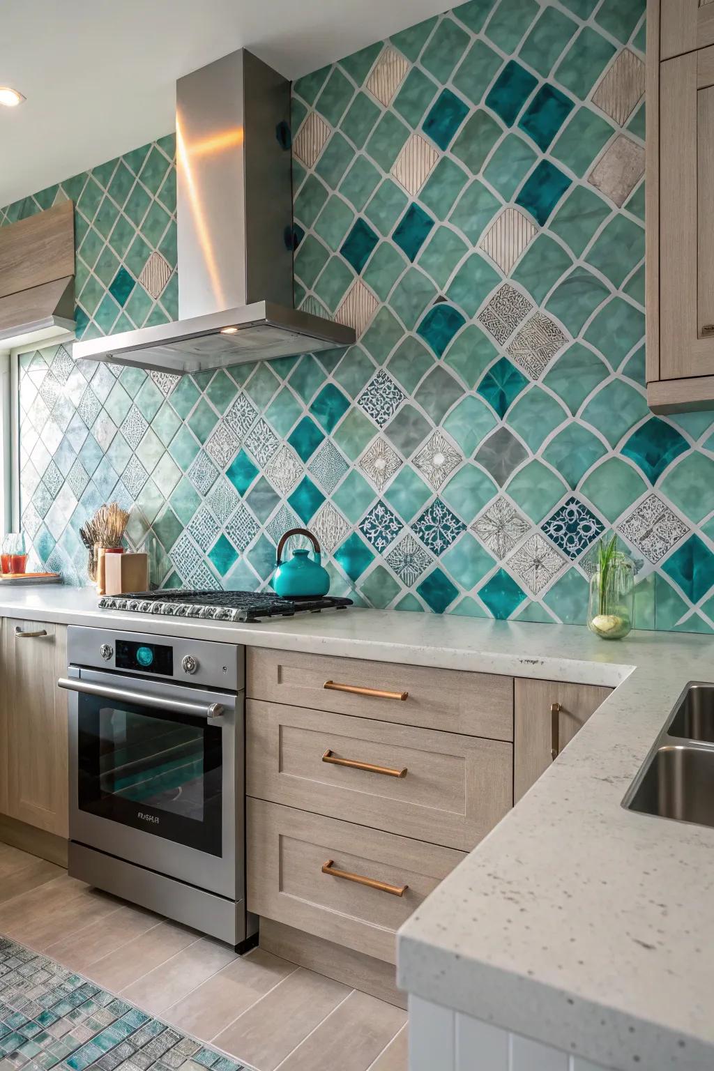 The tile combination enriches the kitchen with texture and color.