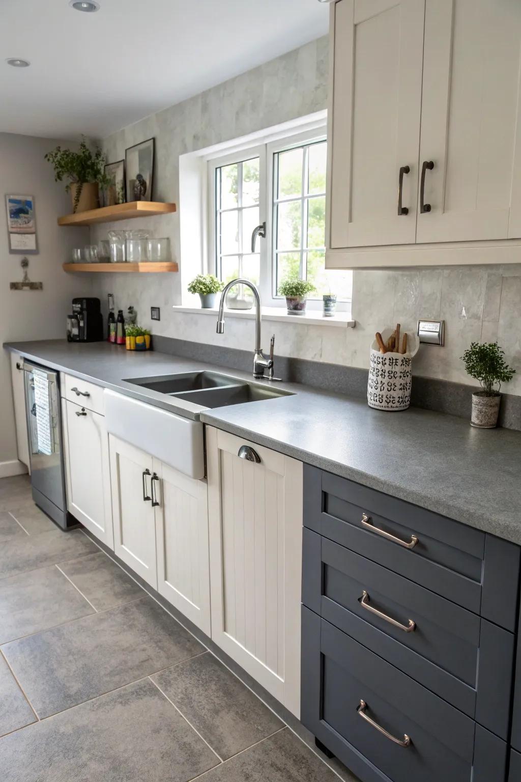 Dynamic kitchen design showcases grey worktops and duo-tone cupboards.
