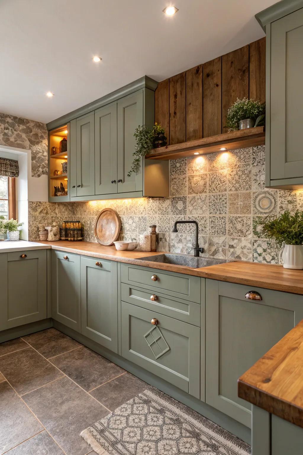 Earthy tones enrich the warm and inviting feel of grey-green cabinets.