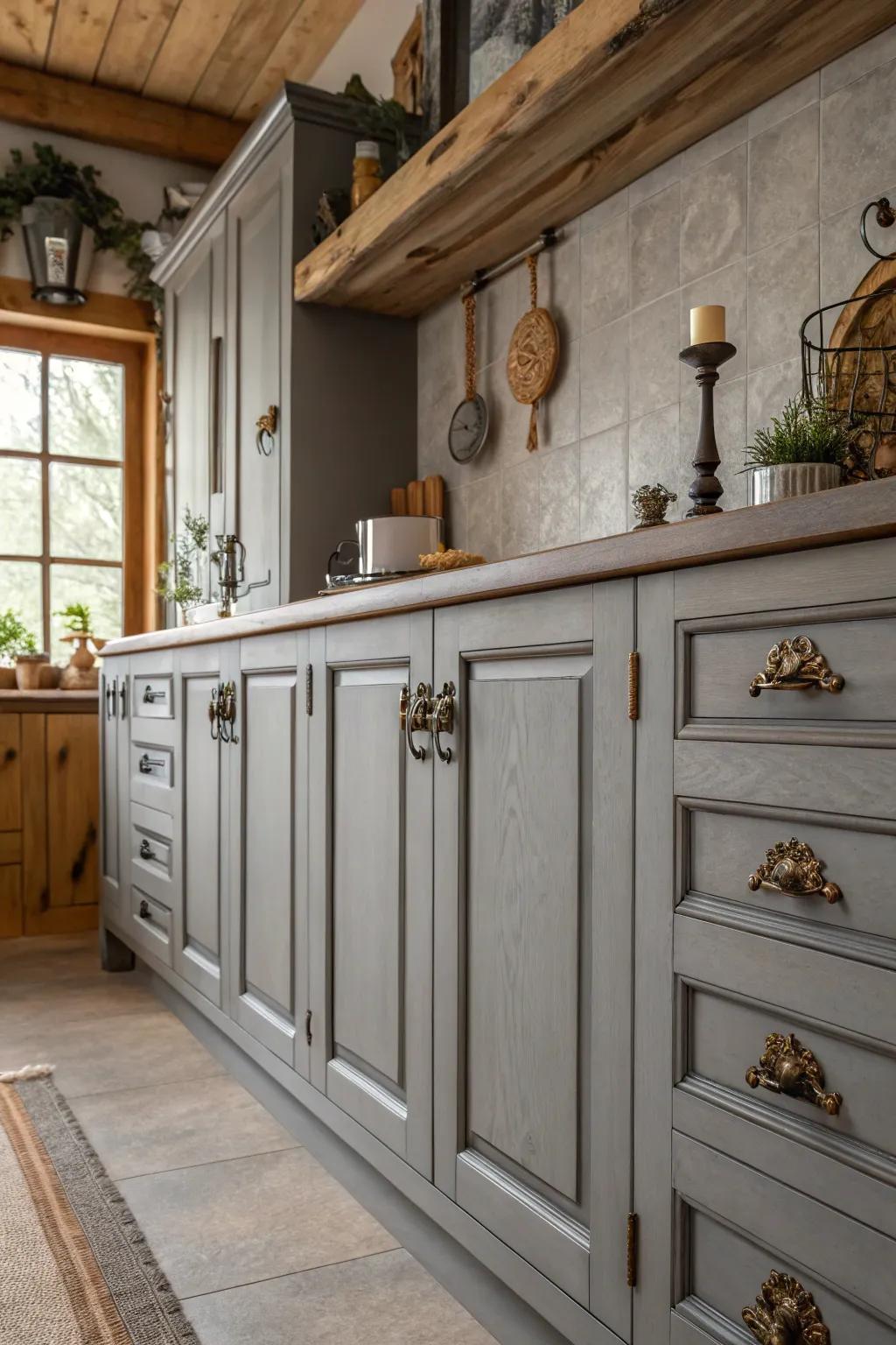 Infuse vintage charm with antique hardware on grey cabinets.