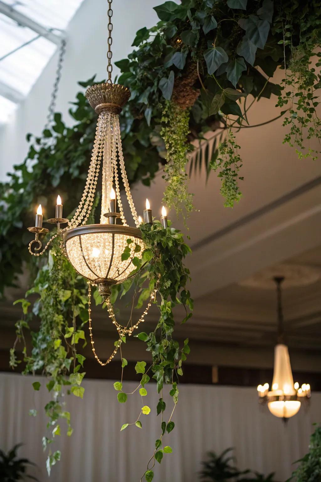 Blend lighting and nature with a green chandelier.