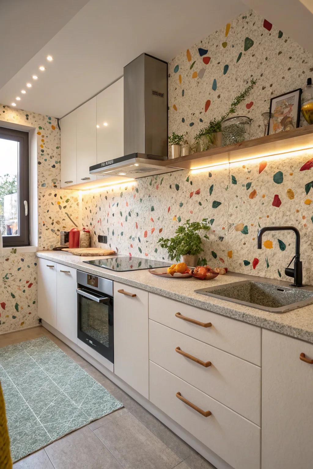 Terrazzo backsplash for a playful, modern look.