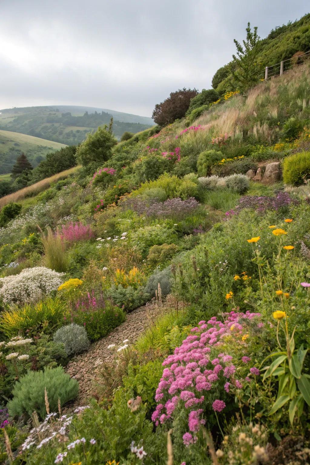 Native plants are an eco-friendly and low-upkeep choice for hillside gardens.