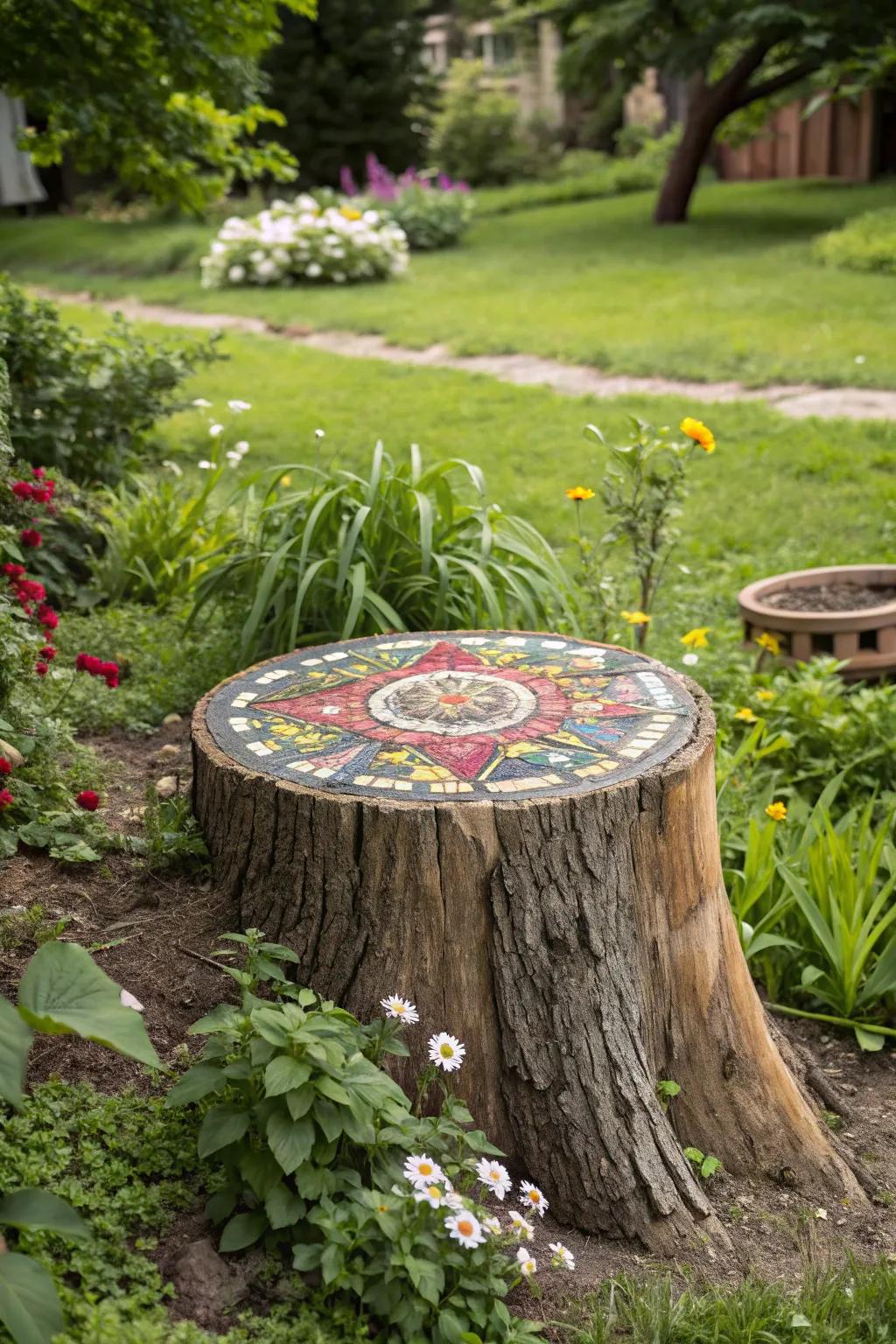 A vibrant mosaic transforms a tree stump into a work of art.