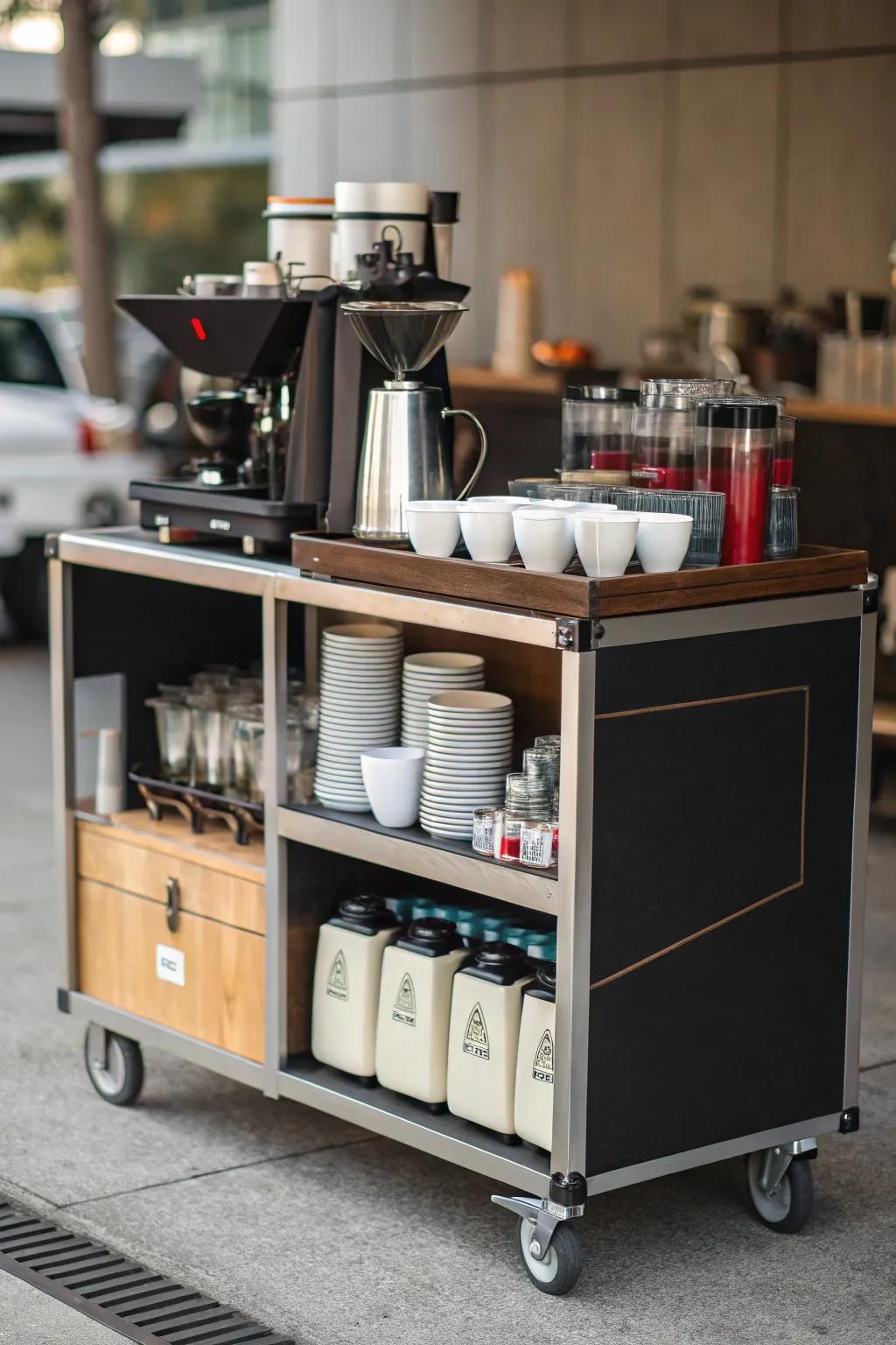 A mobile coffee trolley offers convenience and adaptability in restricted spaces.