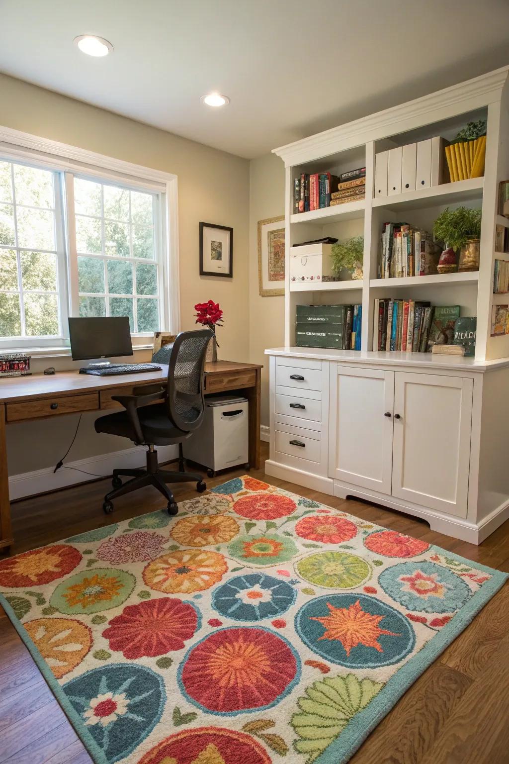 A colorful floor covering adds warmth and defines your workspace.