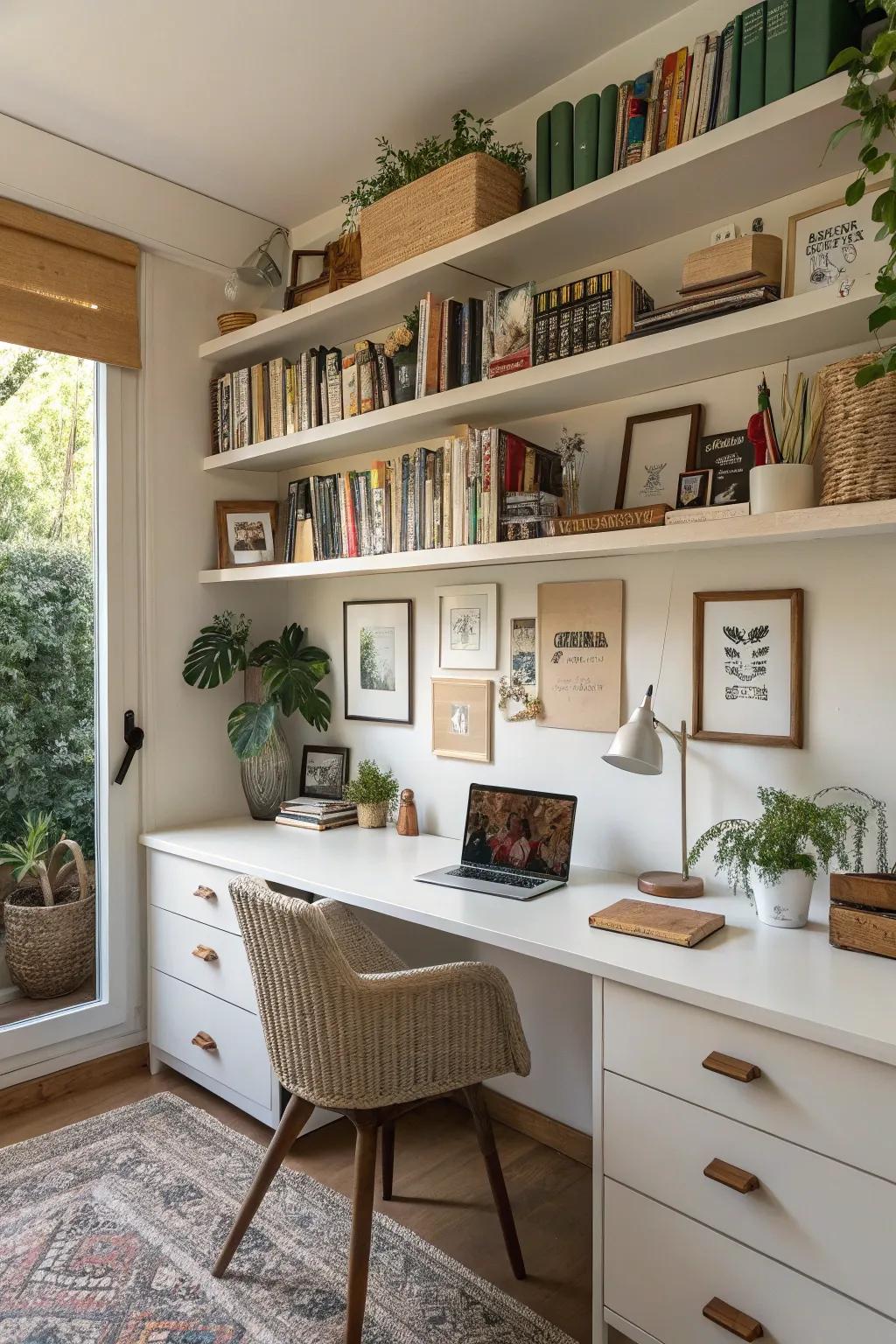 Open shelving offers both function and style in a home office.