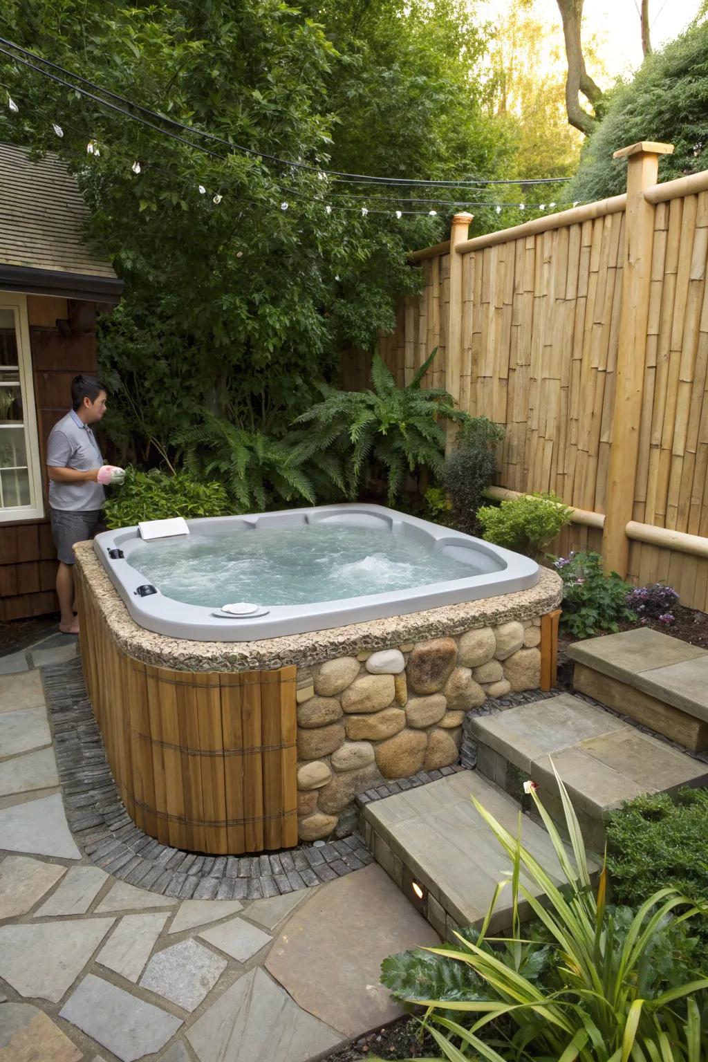 Unique materials like stone and bamboo create a distinctive hot tub look.