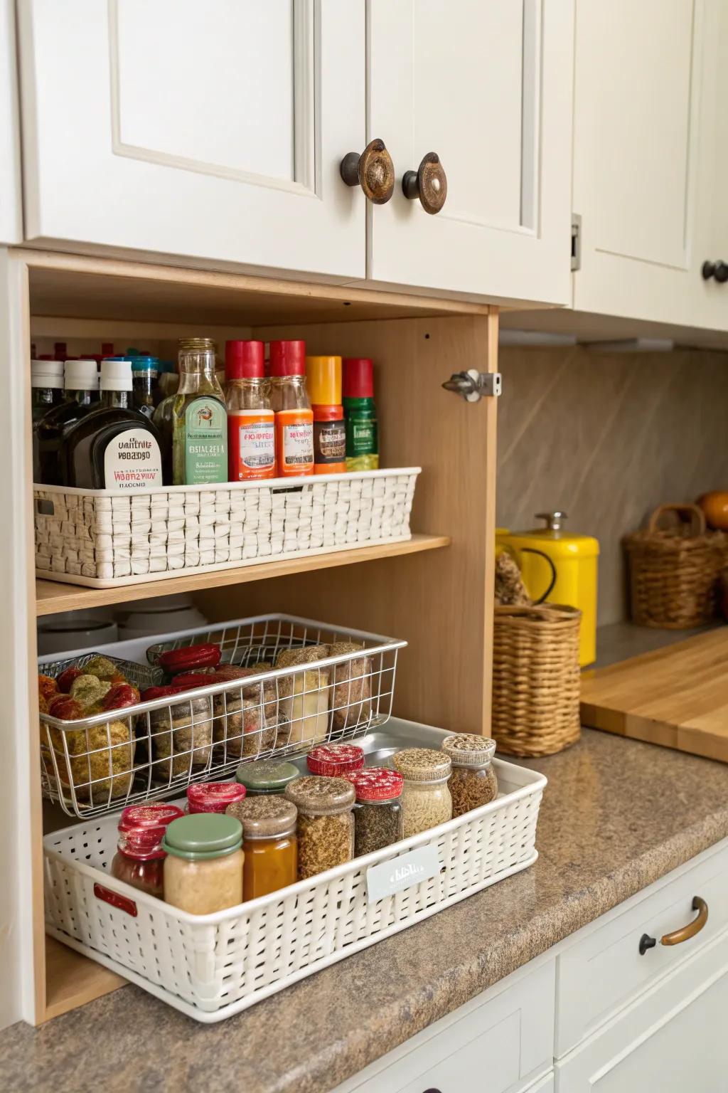 Under-shelf baskets add storage.