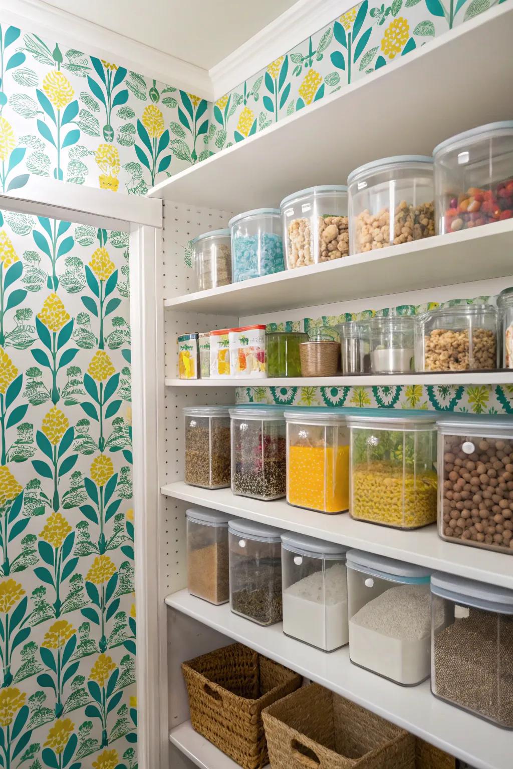 Wallpaper incorporates a splash of color and personality to the pantry.