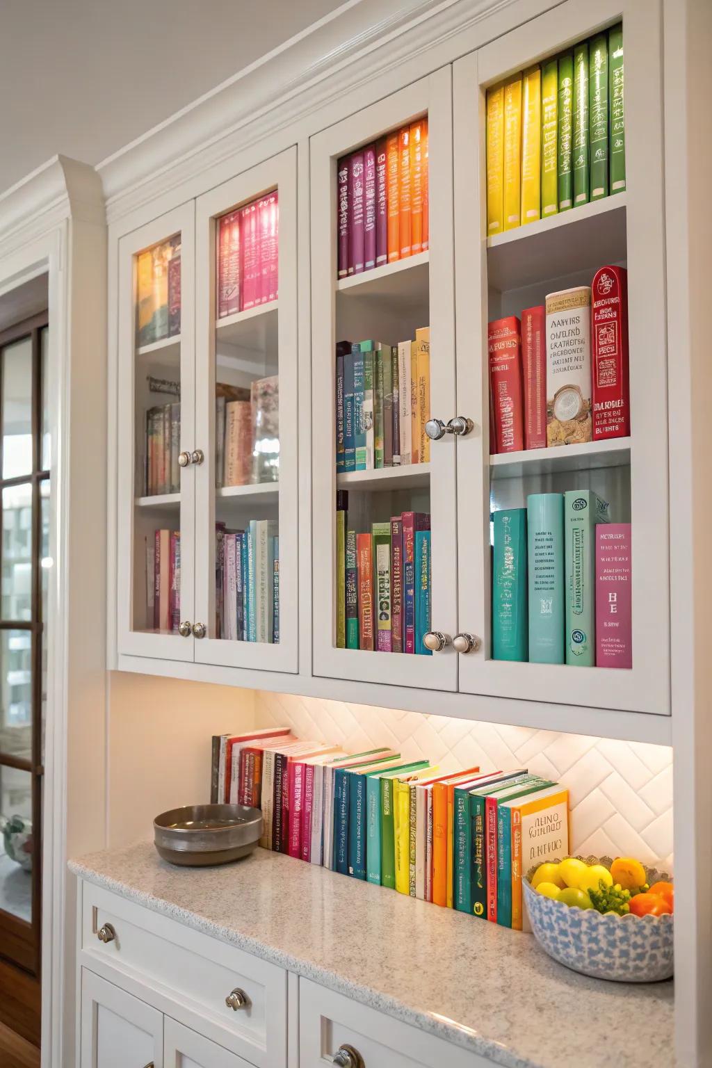 Cookbooks adding color and personal touch to the cabinets.