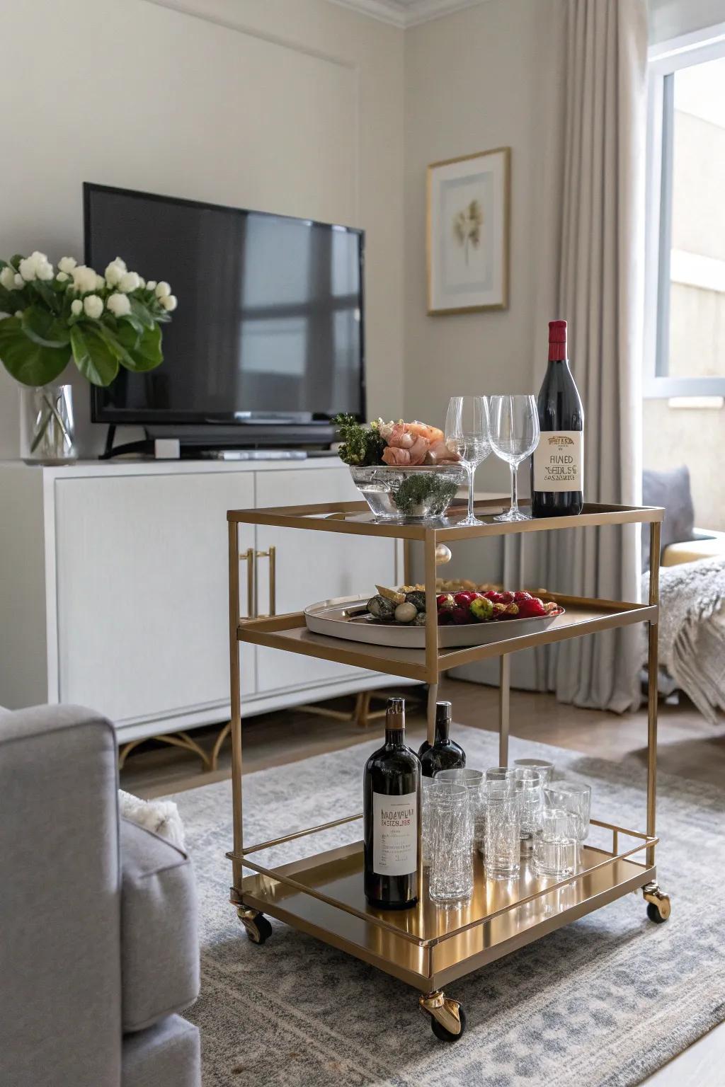 A bar cart under the TV adds style and practicality to your space.