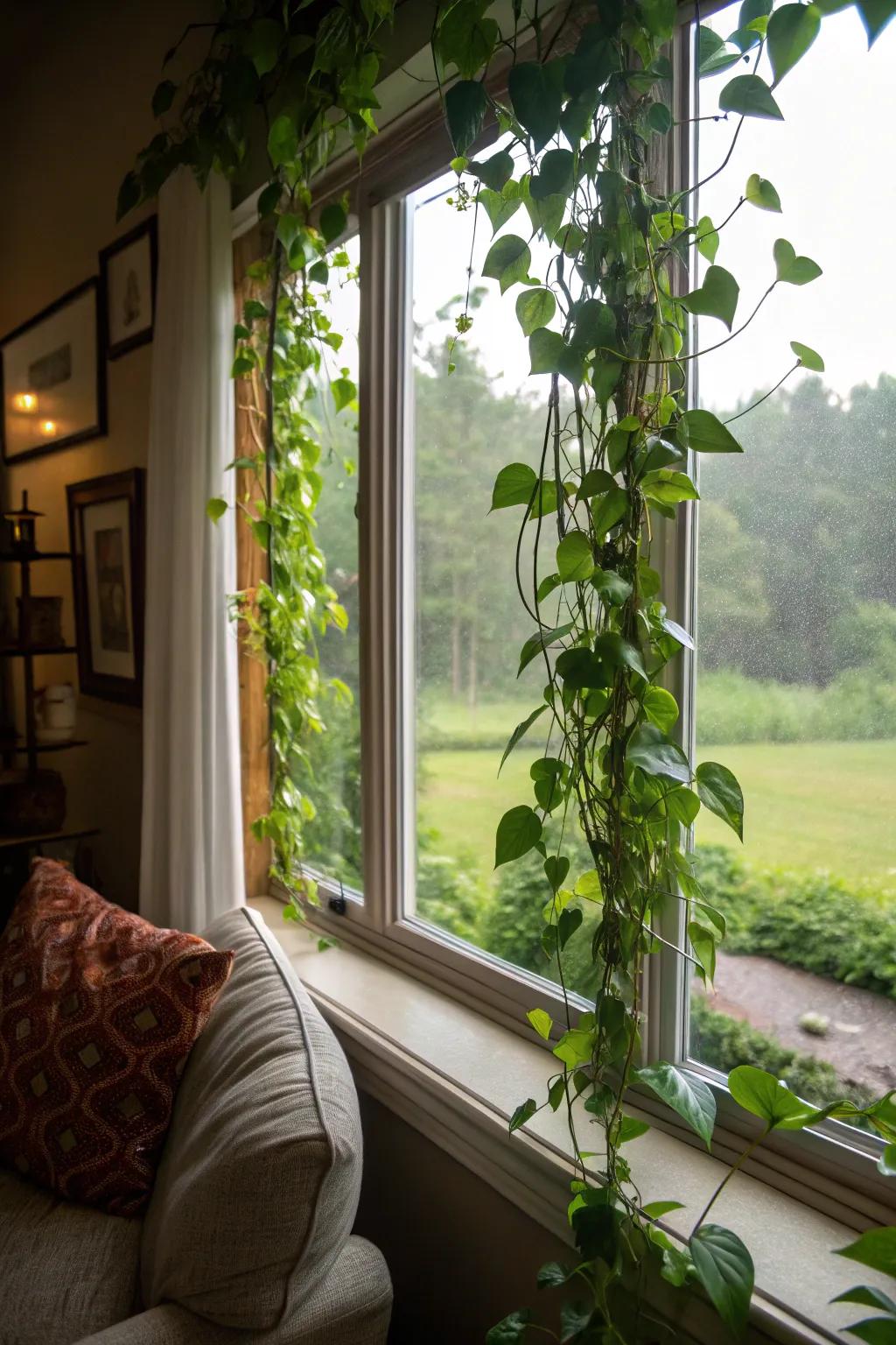 Blend indoor and outdoor views with framed pothos.