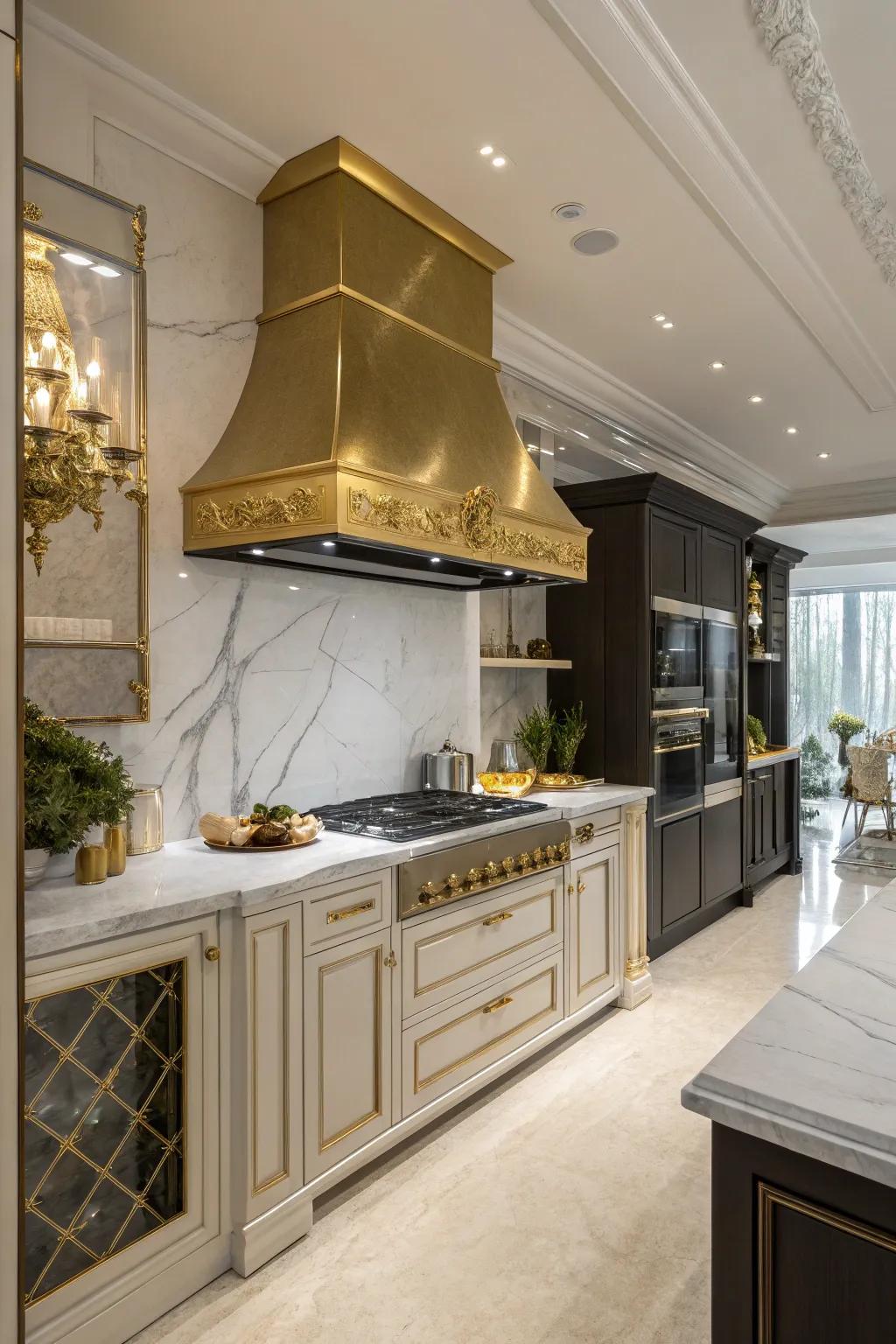 A gold range hood adds a glamorous touch to any kitchen.