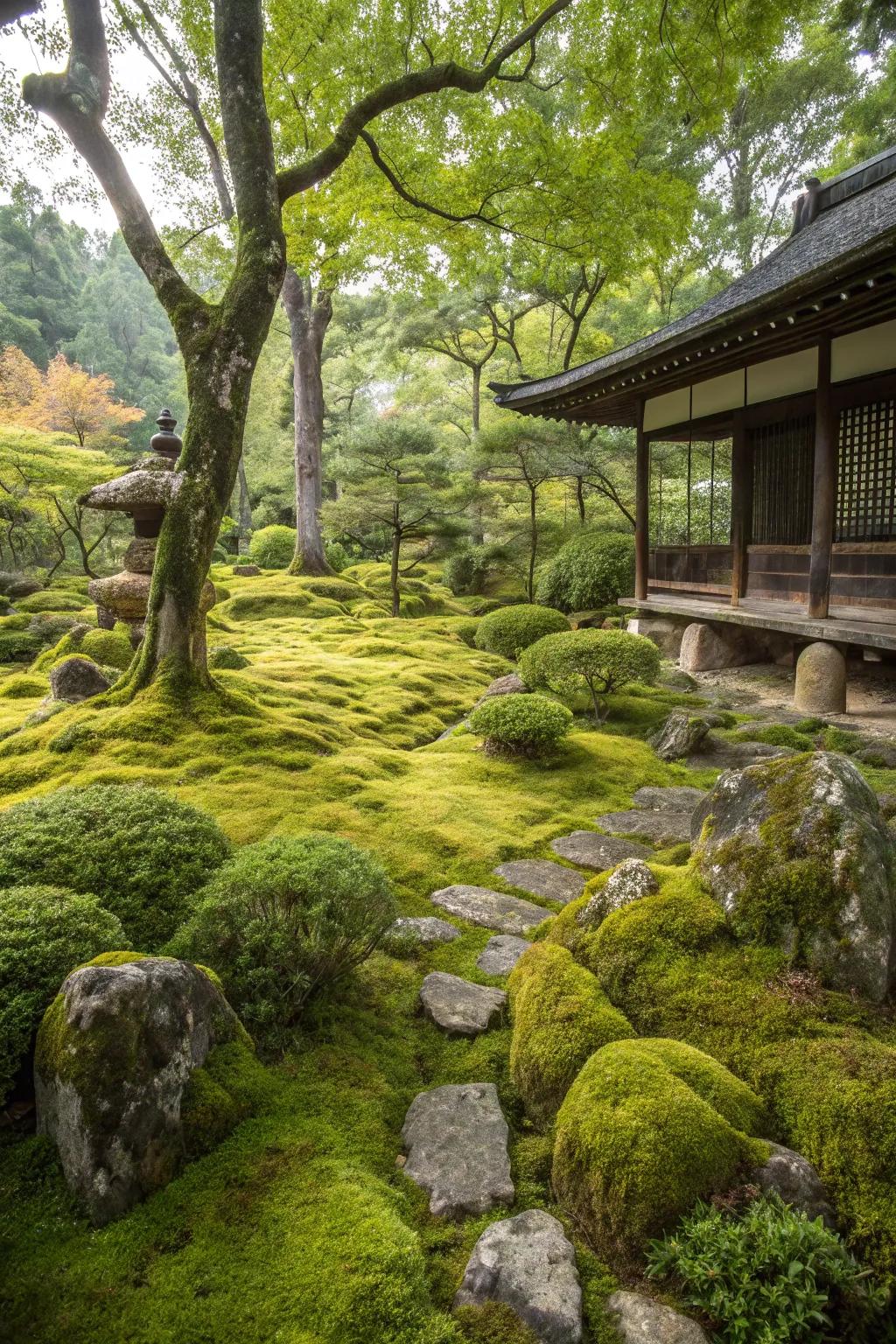 A soft, inviting bed of moss in a Japanese garden.