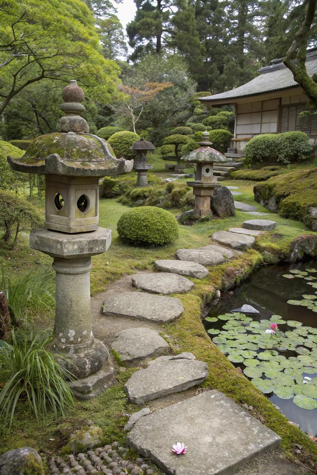 Wabi-sabi elements highlighting imperfection in a Japanese garden.